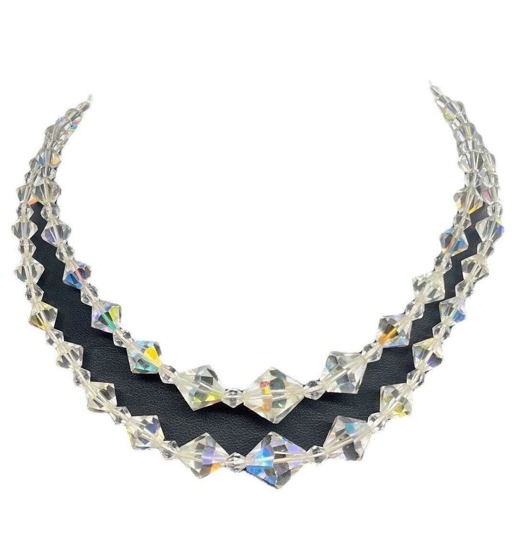 Choker Aurora Borealis Necklace Graduated Crystal Beaded Facets Double Strand AB